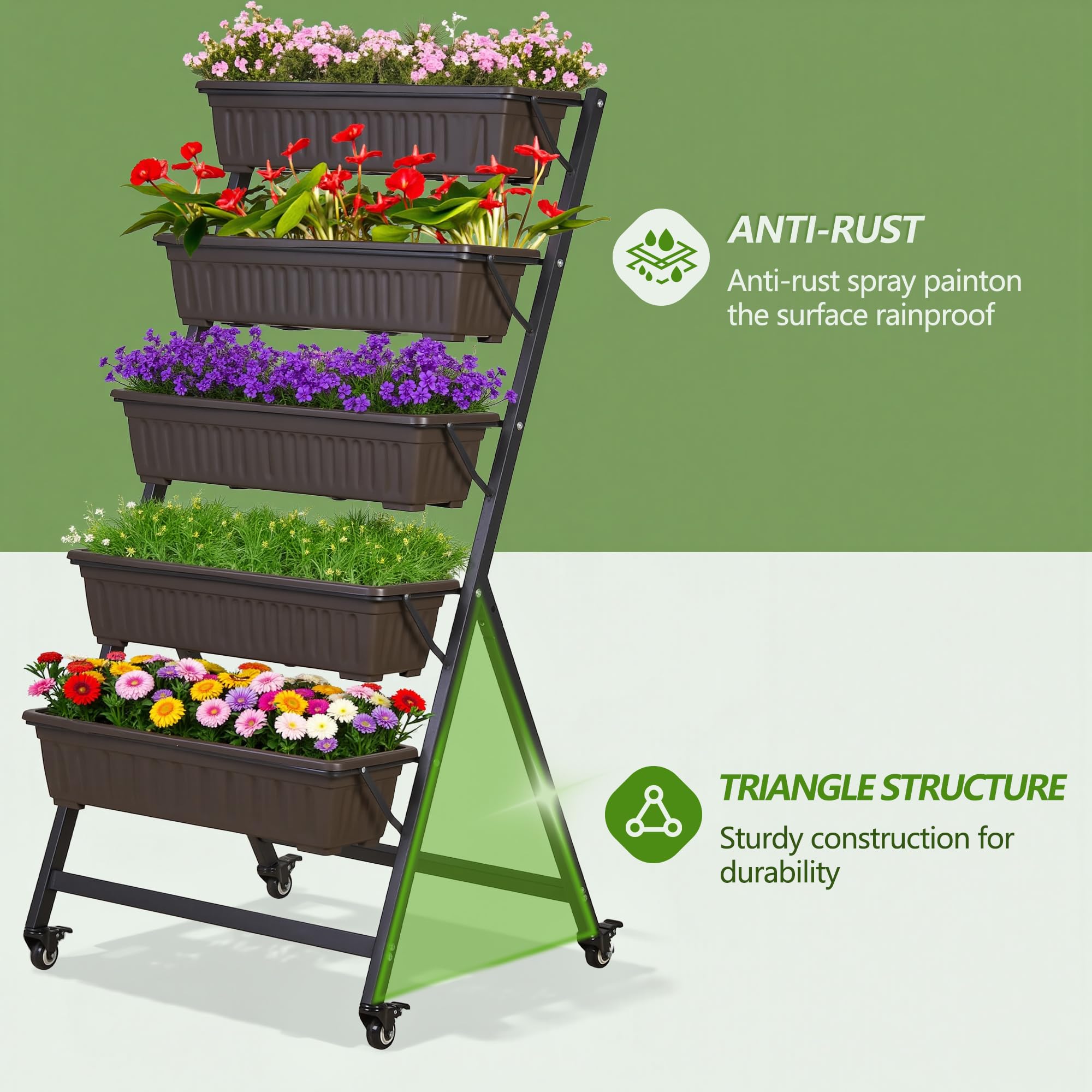 VECELO material texture closeup, rust-resistant metal and PP planter boxes.