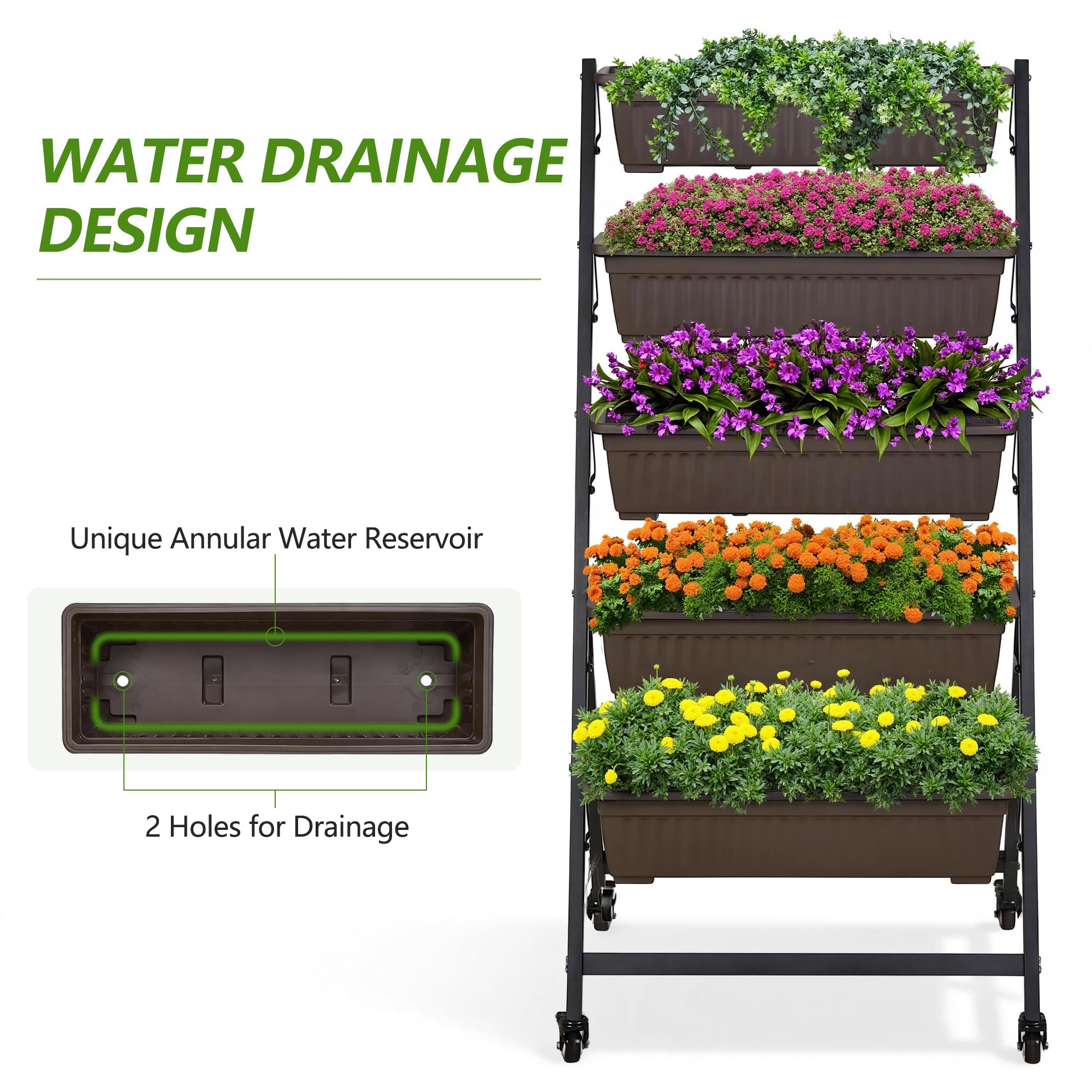 VECELO planter boxes closeup, showing food-grade PP material and durability.