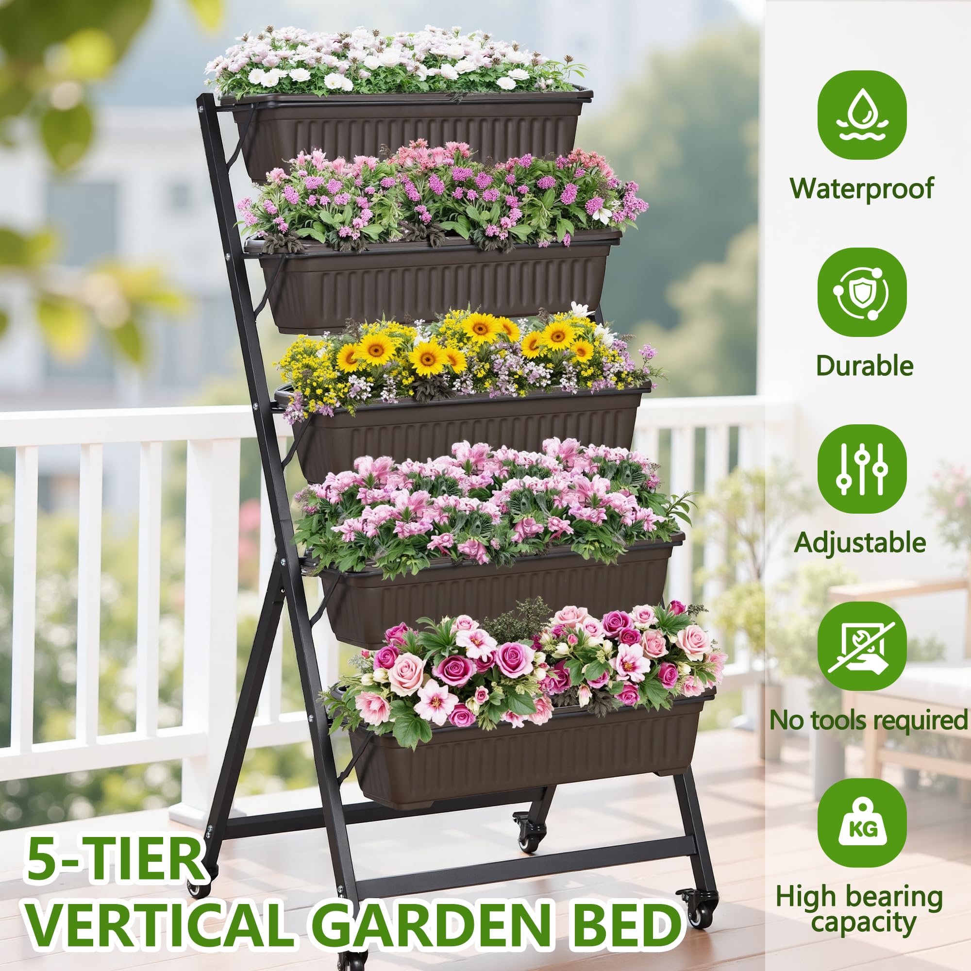 VECELO 5-tier vertical garden bed side view, shows stacked planter boxes for compact gardens.