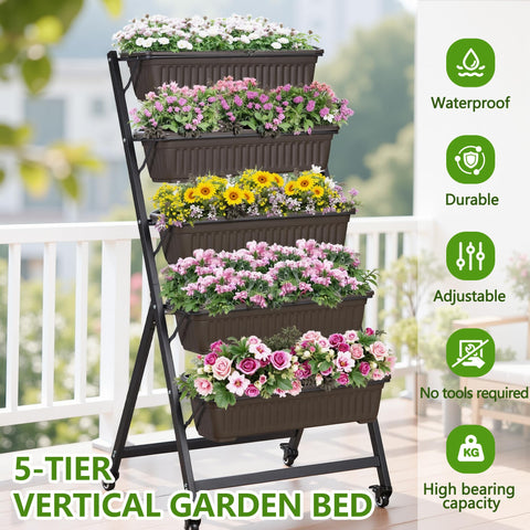 VECELO 5-tier vertical garden bed side view, shows stacked planter boxes for compact gardens.