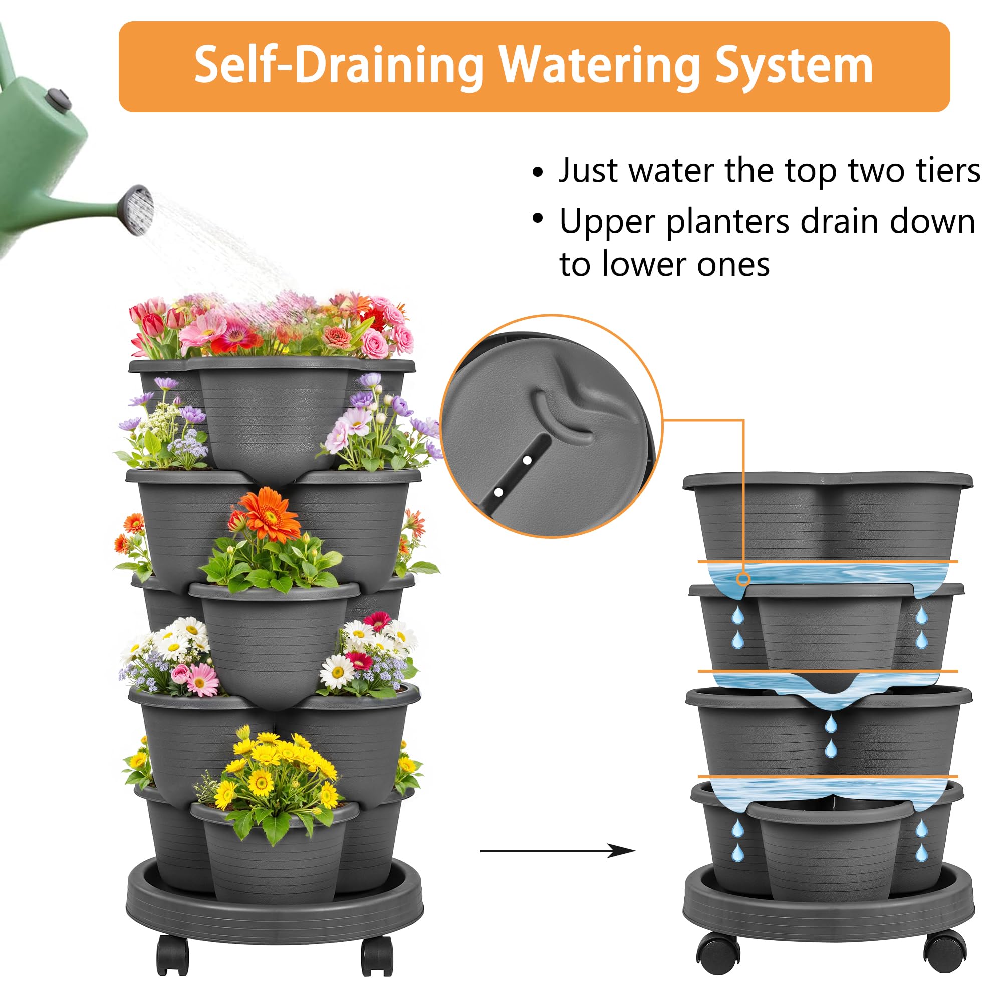 VECELO self-watering design helps maintain moisture for herbs and flowers.