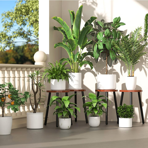 Vecxoty balcony setup with plant stand, ideal for outdoor living.