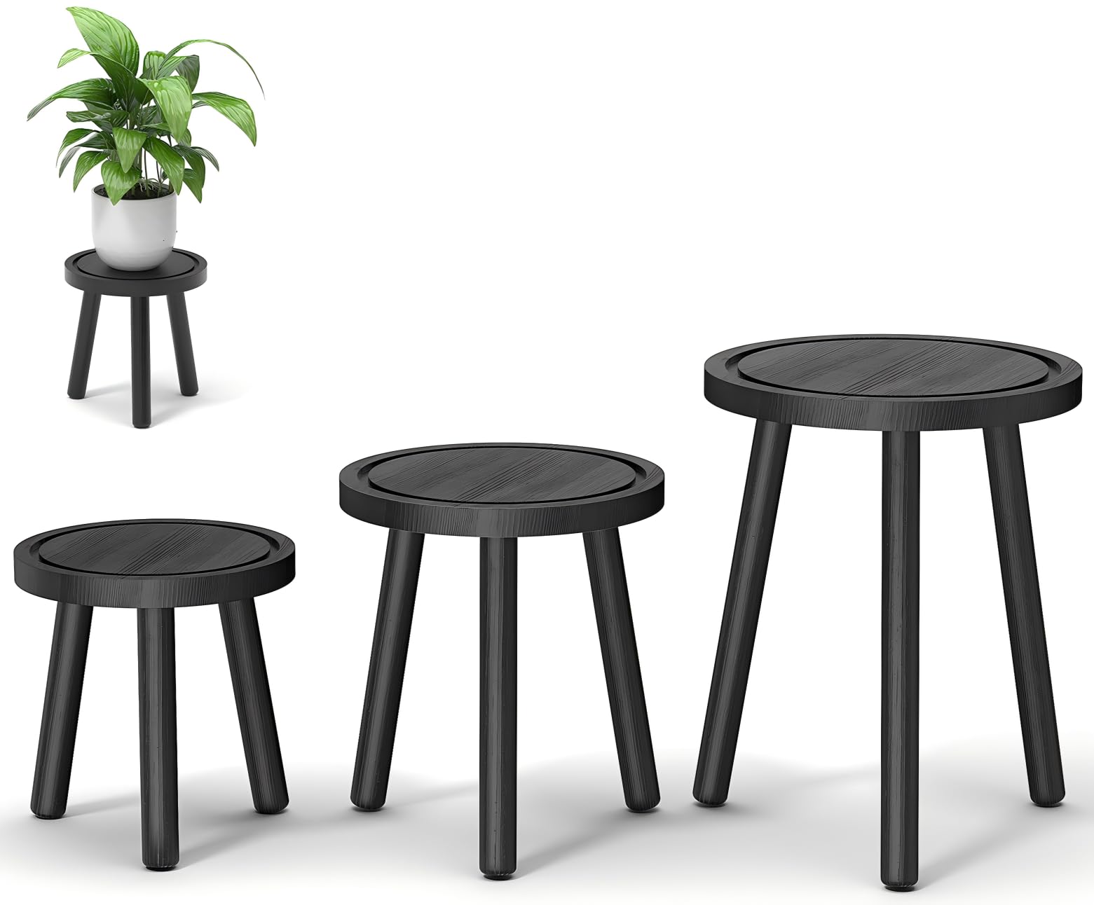 Vecxoty wood plant stand trio front view in black finish for living spaces