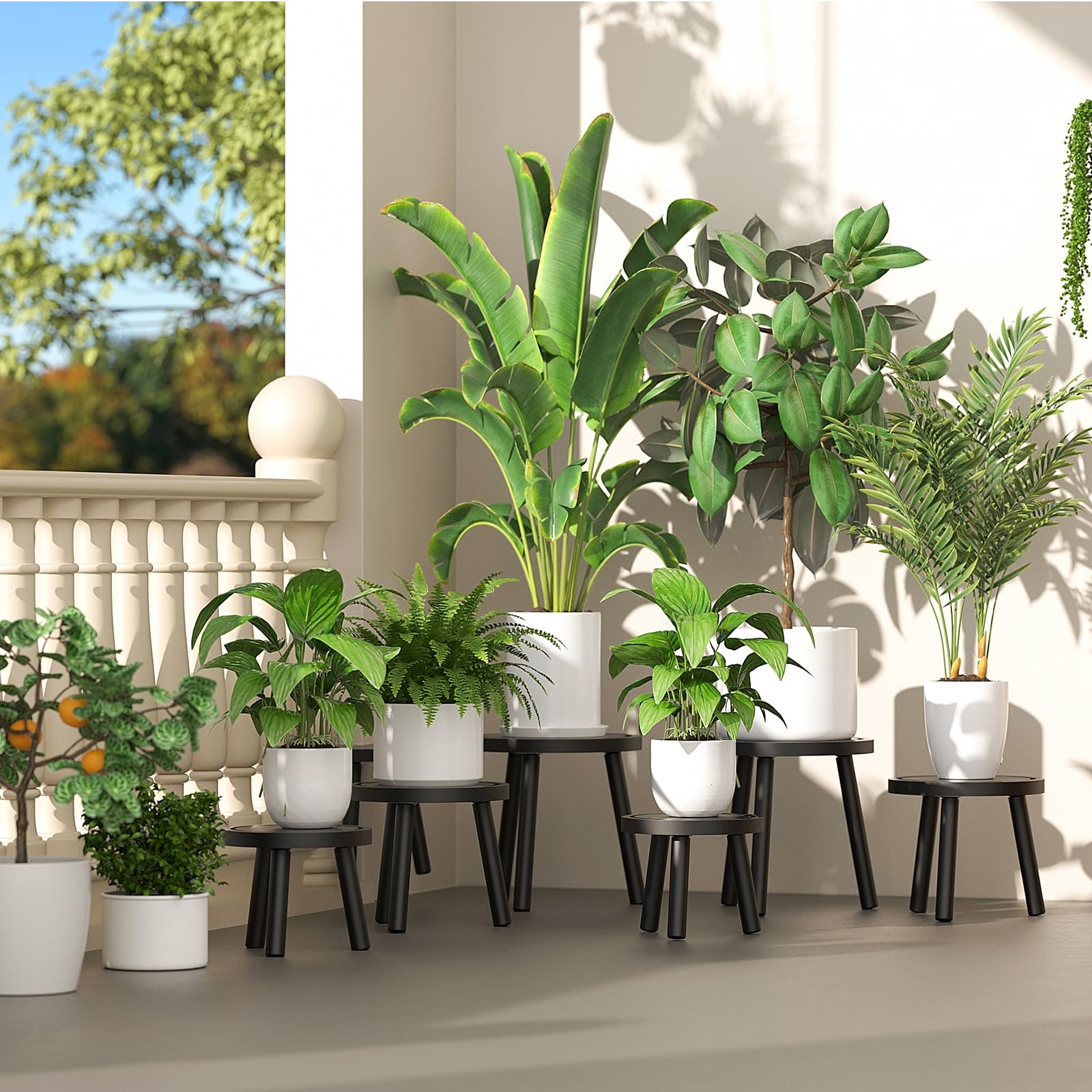 Vecxoty wood plant stand trio side angle highlights stable triangular base in black finish