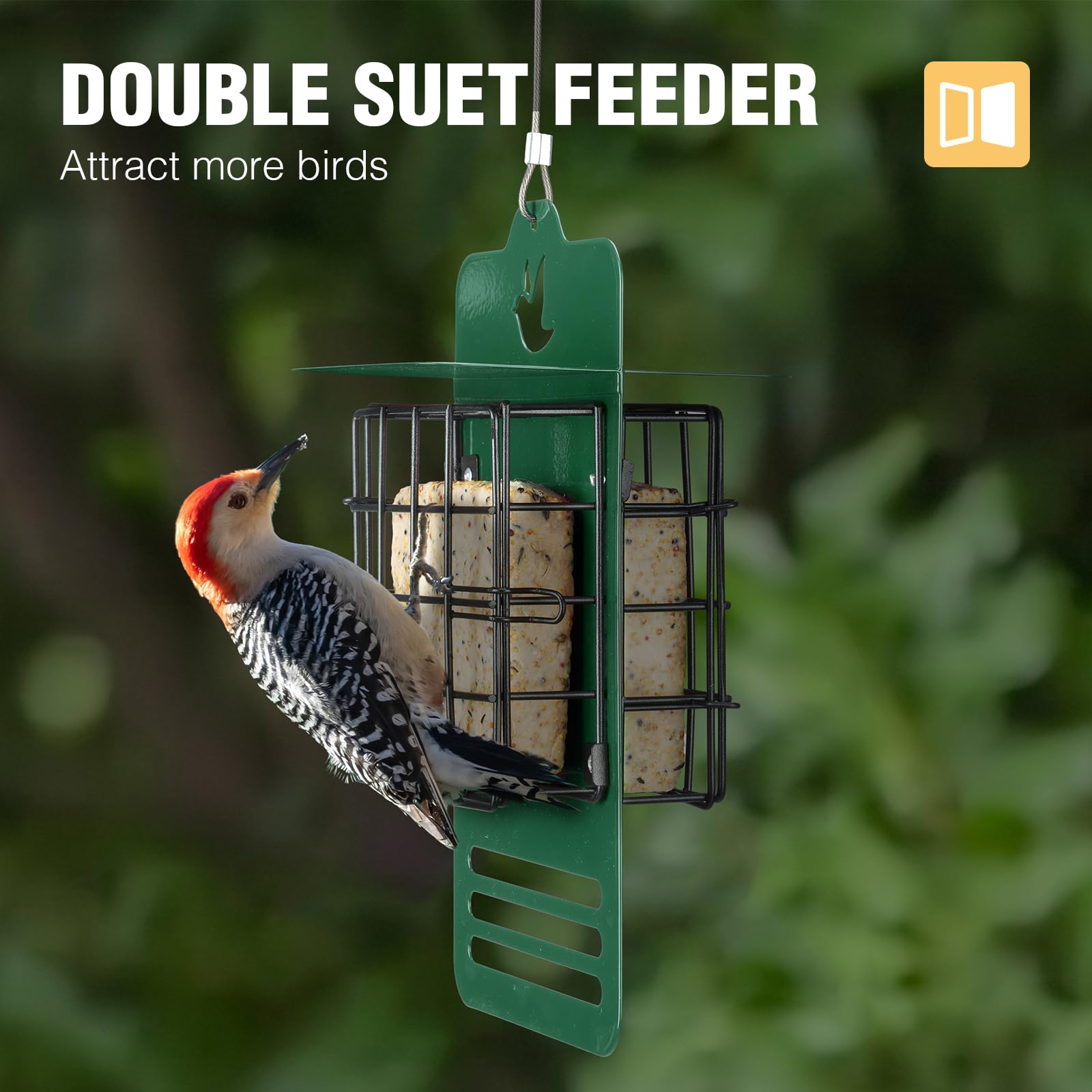 Veehoo suet feeder with tail prop supports woodpeckers during meals.