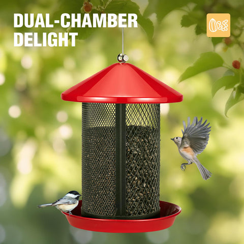 Veehoo bird feeder with dual seed chambers preventing seed mixing for different birds.