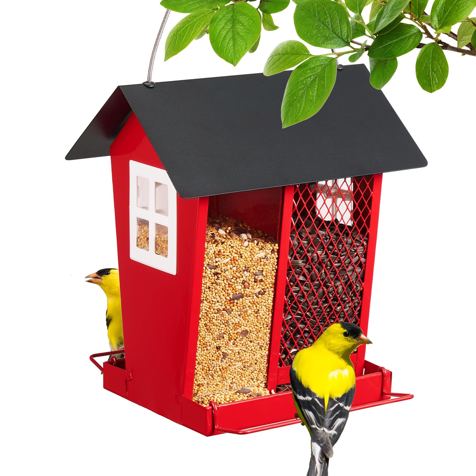 Veehoo bird feeder hanging with dual seed bays for mixed seeds
