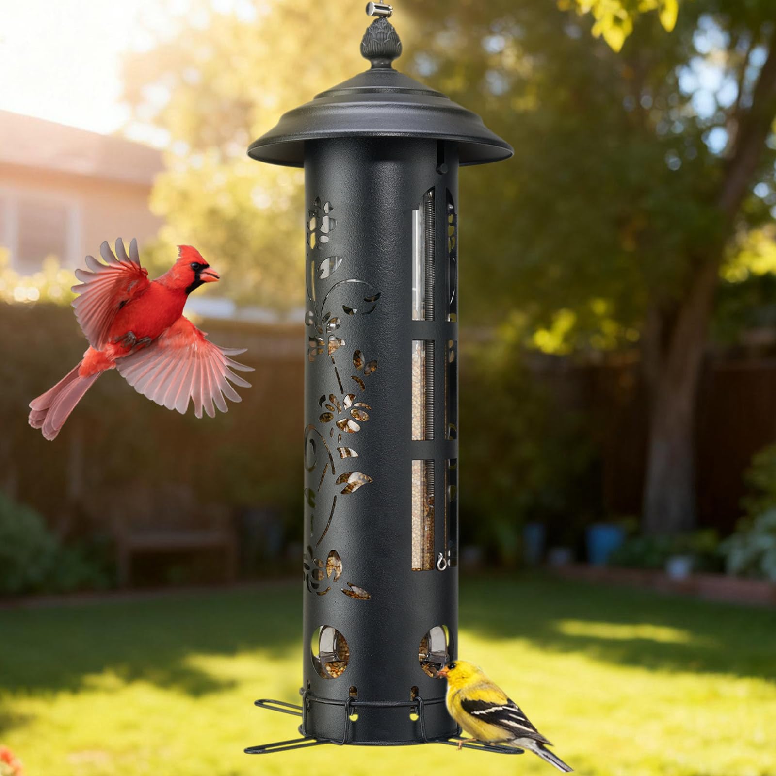 Elegant black metal design blends with outdoor decor and withstands weather.