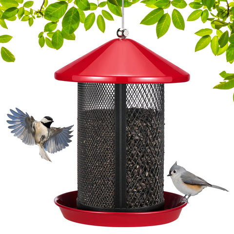 Veehoo metal bird feeder with weatherproof roof protects seeds from rain and snow.