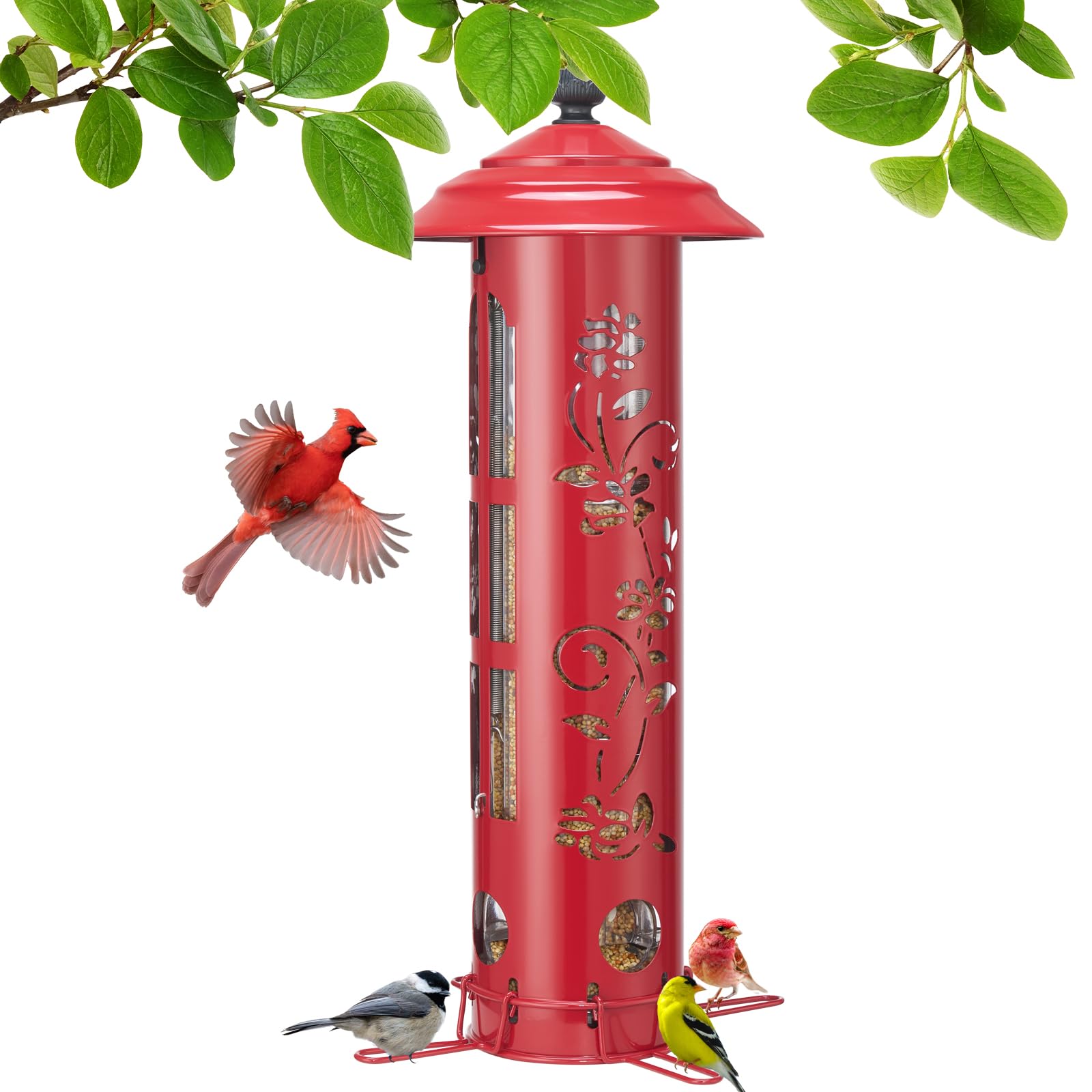 Veehoo Squirrel-Proof Bird Feeder outdoors with a metal build deters squirrels using weight-activated perches.