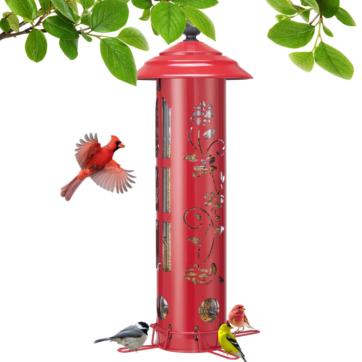 Veehoo Squirrel-Proof Bird Feeder outdoors with a metal build deters squirrels using weight-activated perches.