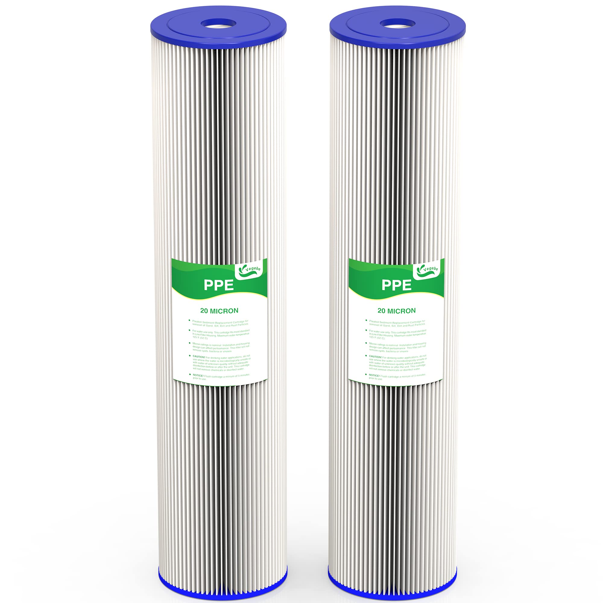 Vegebe 20-micron pleated sediment filter in a 20-inch cartridge reduces sediment.