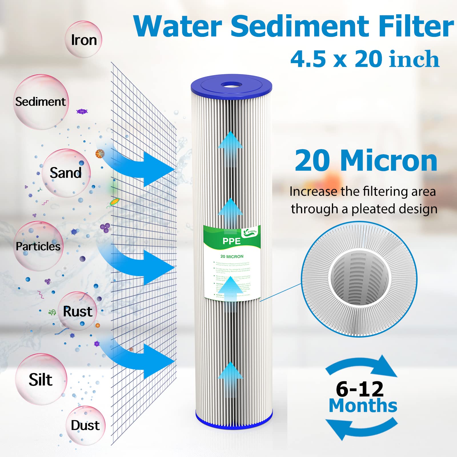 Vegebe well-water pleated filter preserves flow and protects fixtures.