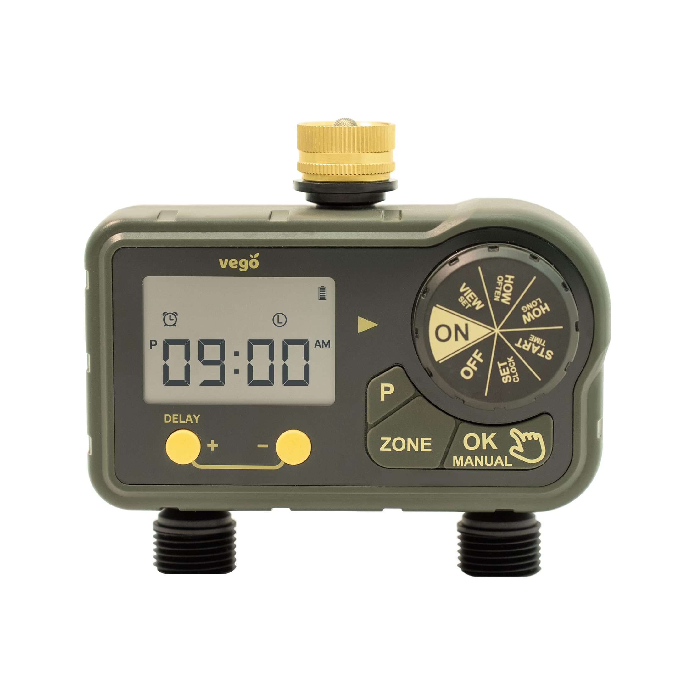 Vego 2-zone sprinkler timer with brass inlet for precise garden irrigation control.