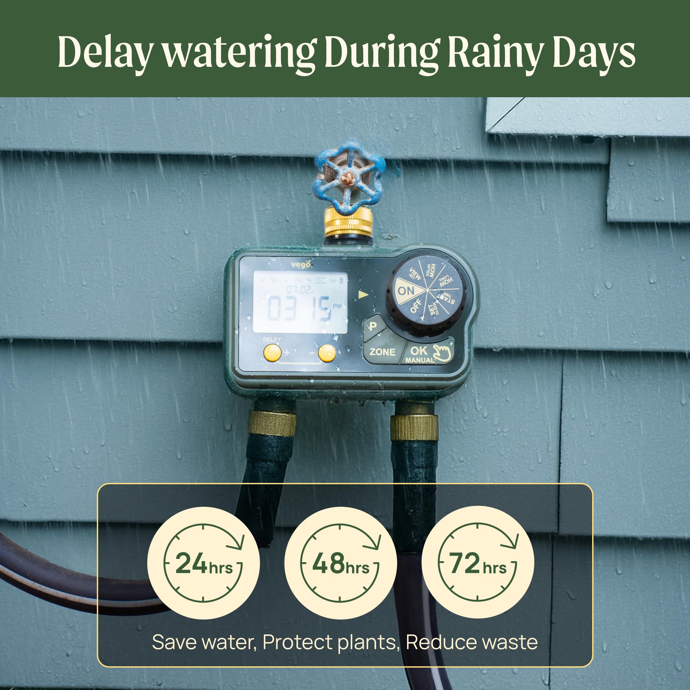 Vego 7-day programming supports daily, interval, or preset watering modes.