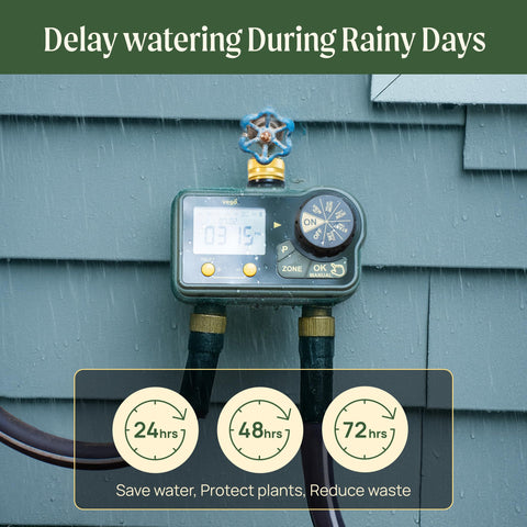 Vego 7-day programming supports daily, interval, or preset watering modes.