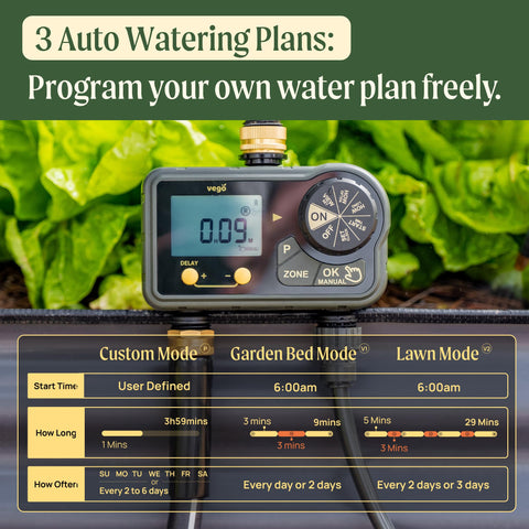 Vego dual-channel watering timer enables independent schedules for different plant zones.