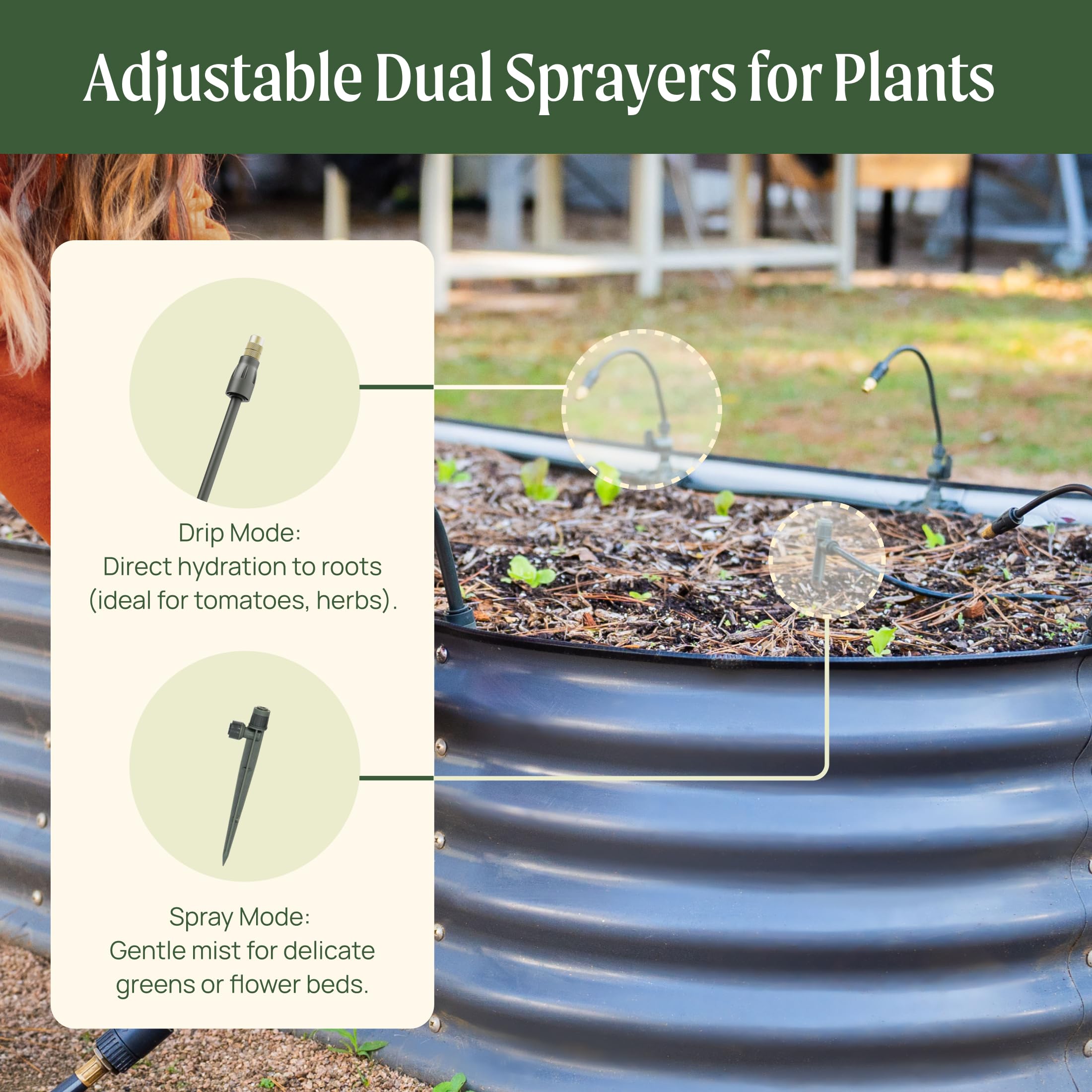 Vego Garden Irrigation Kit drip emitters for precise root watering.