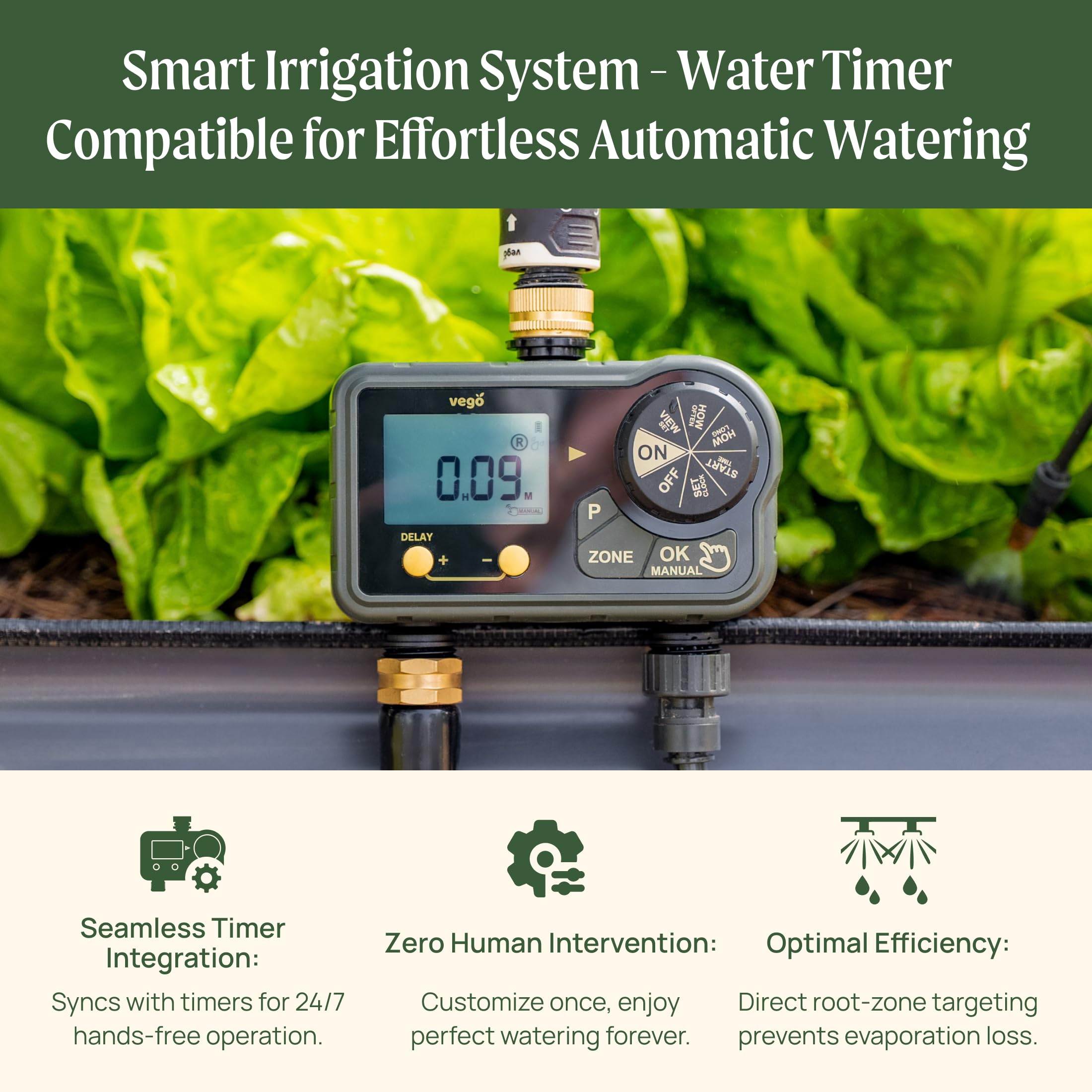 Vego Garden Irrigation Kit stakes and emitters support tidy irrigation lines.