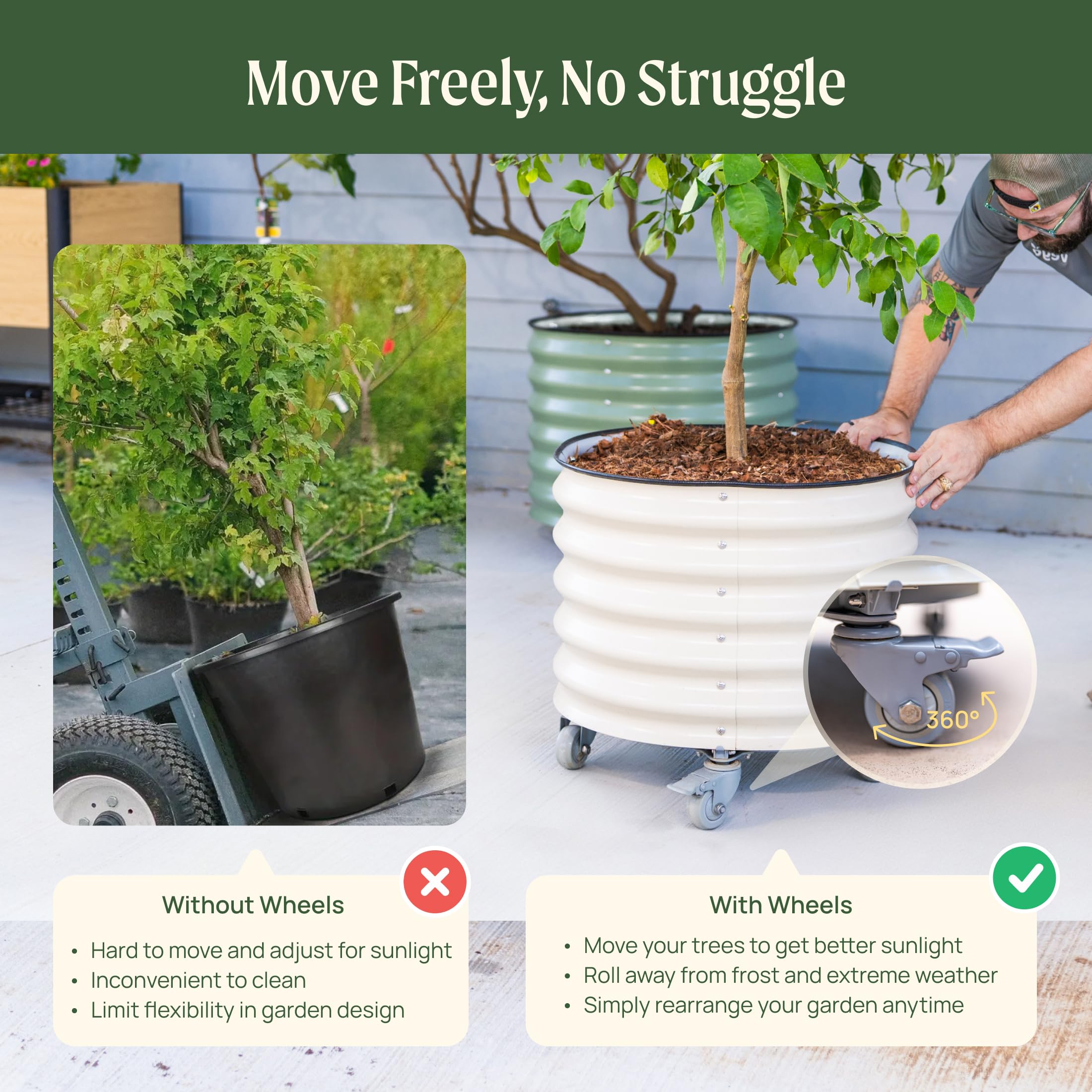 Vego Garden planter with wheels enables easy indoor relocation for frost protection