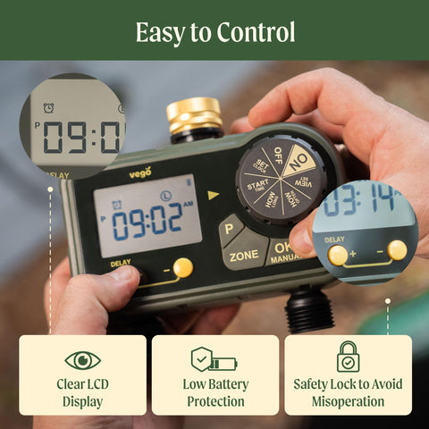 Vego LCD display simplifies setup and monitoring with battery status indicators.