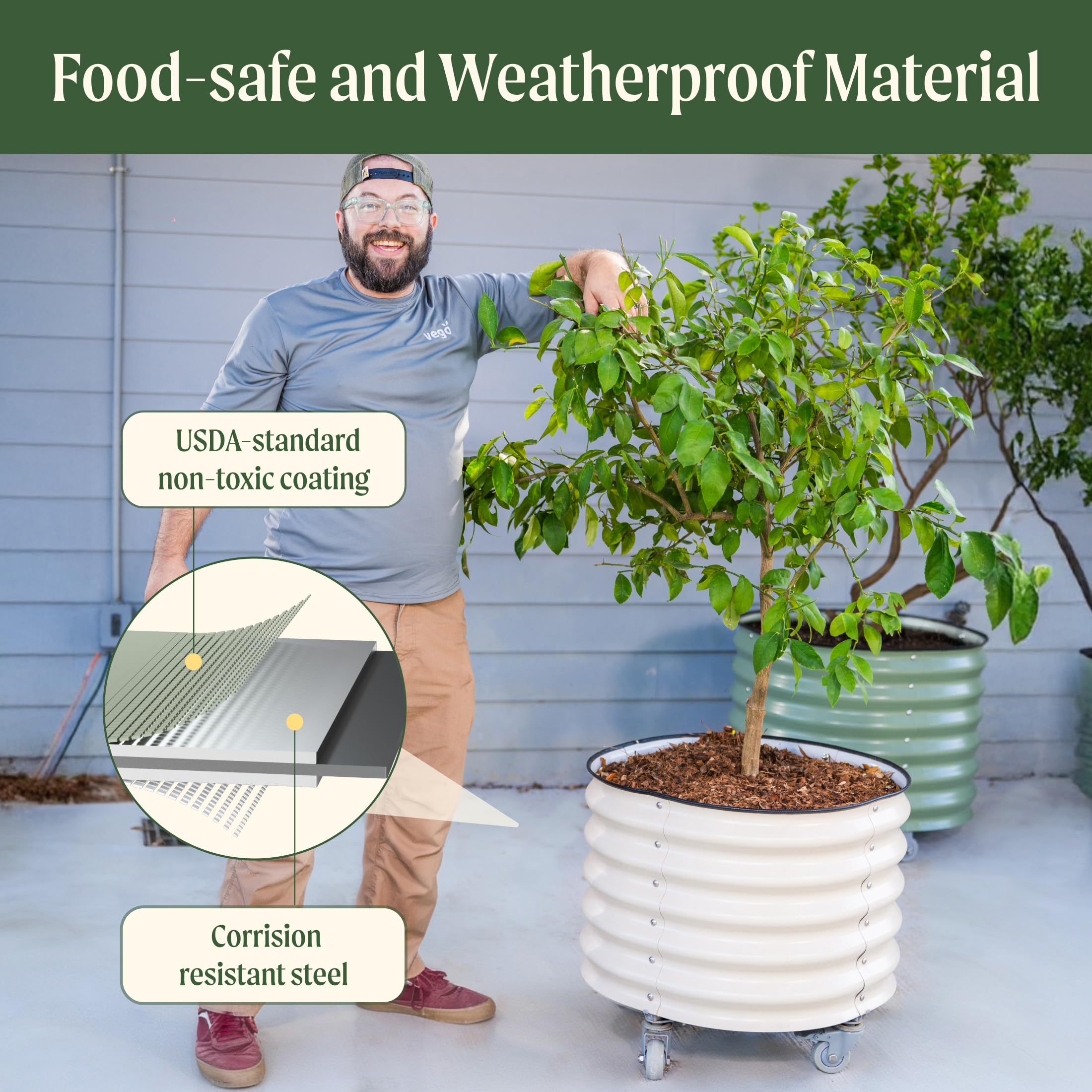 Vego Garden locking wheels demonstrate secure indoor/outdoor mobility