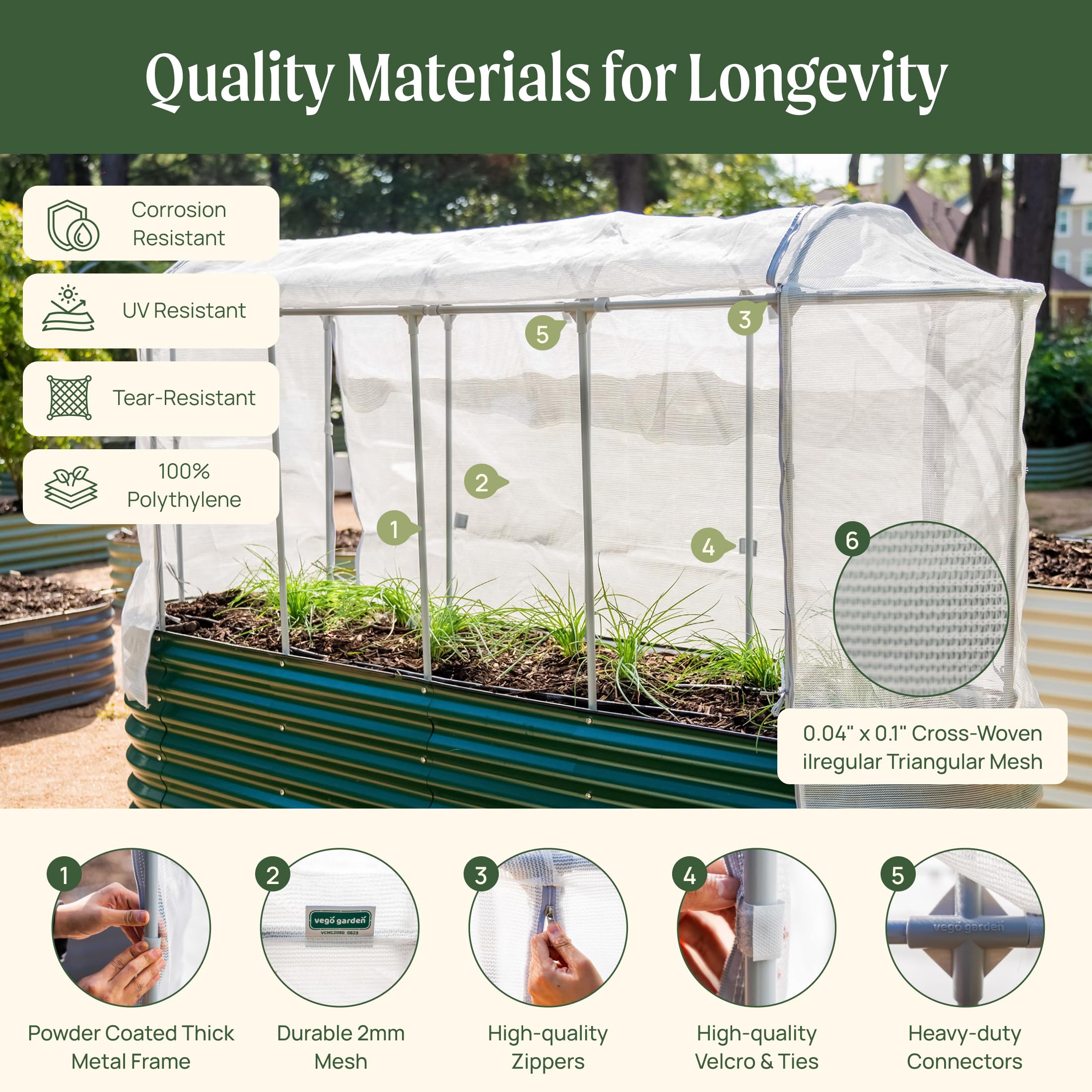 Vego garden powder-coated steel frame ensures lasting garden protection