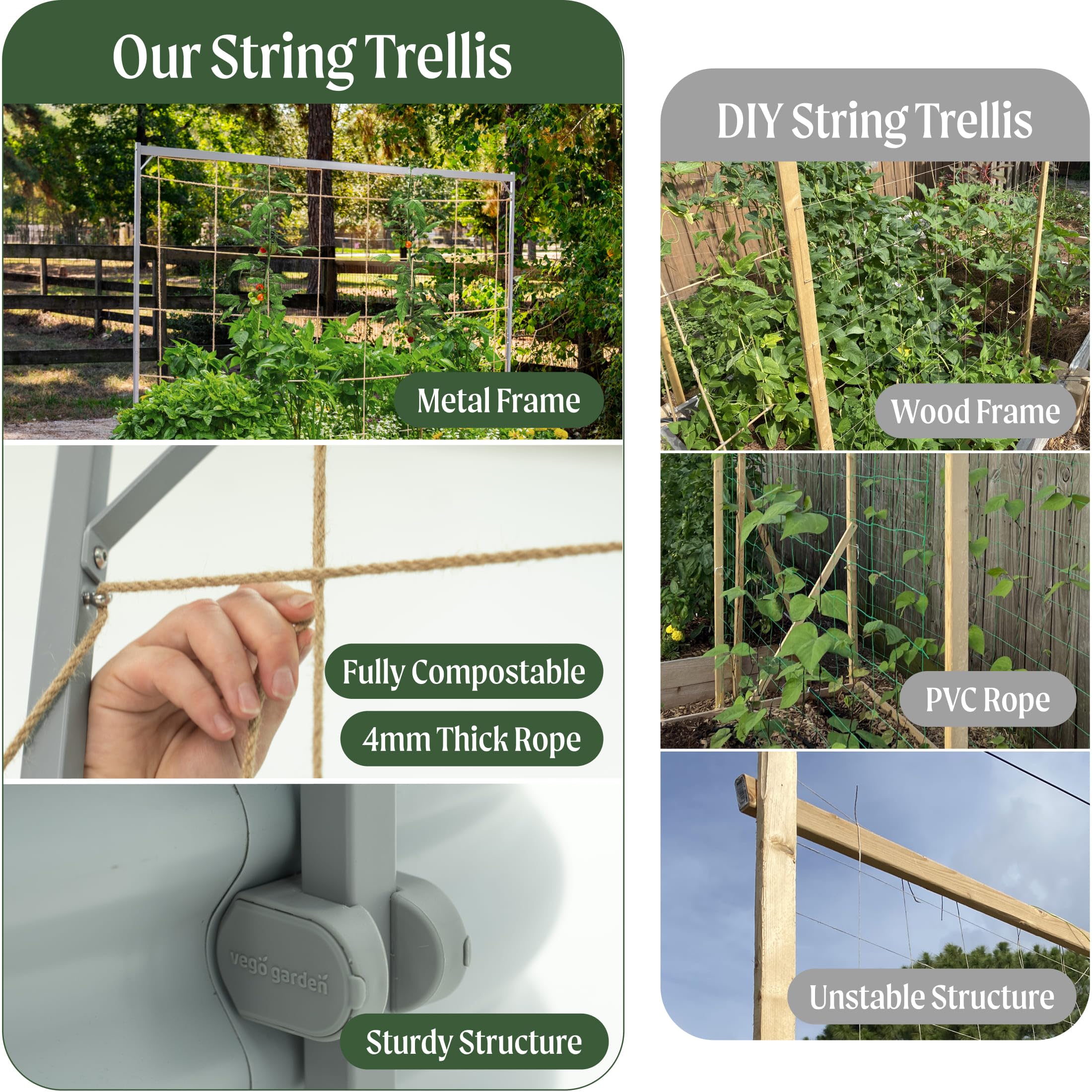VegoGarden three-way plant support options for flexible trellis setups.