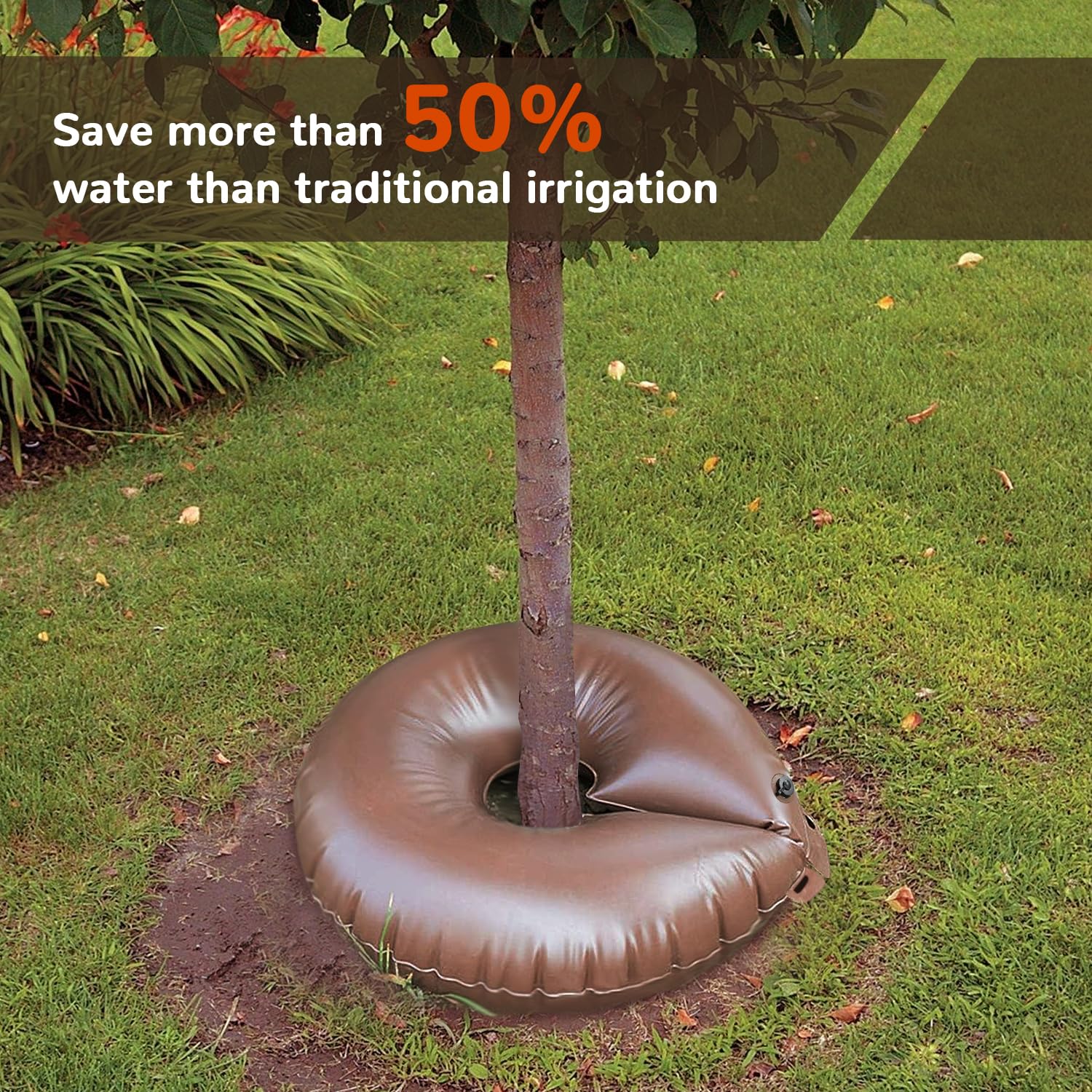 Vego Garden UV-resistant tree watering bag maintains performance under sun.