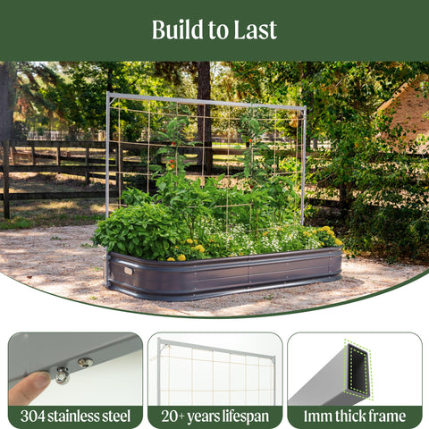 VegoGarden zinc-aluminum-magnesium coated frame stands up to outdoor conditions.