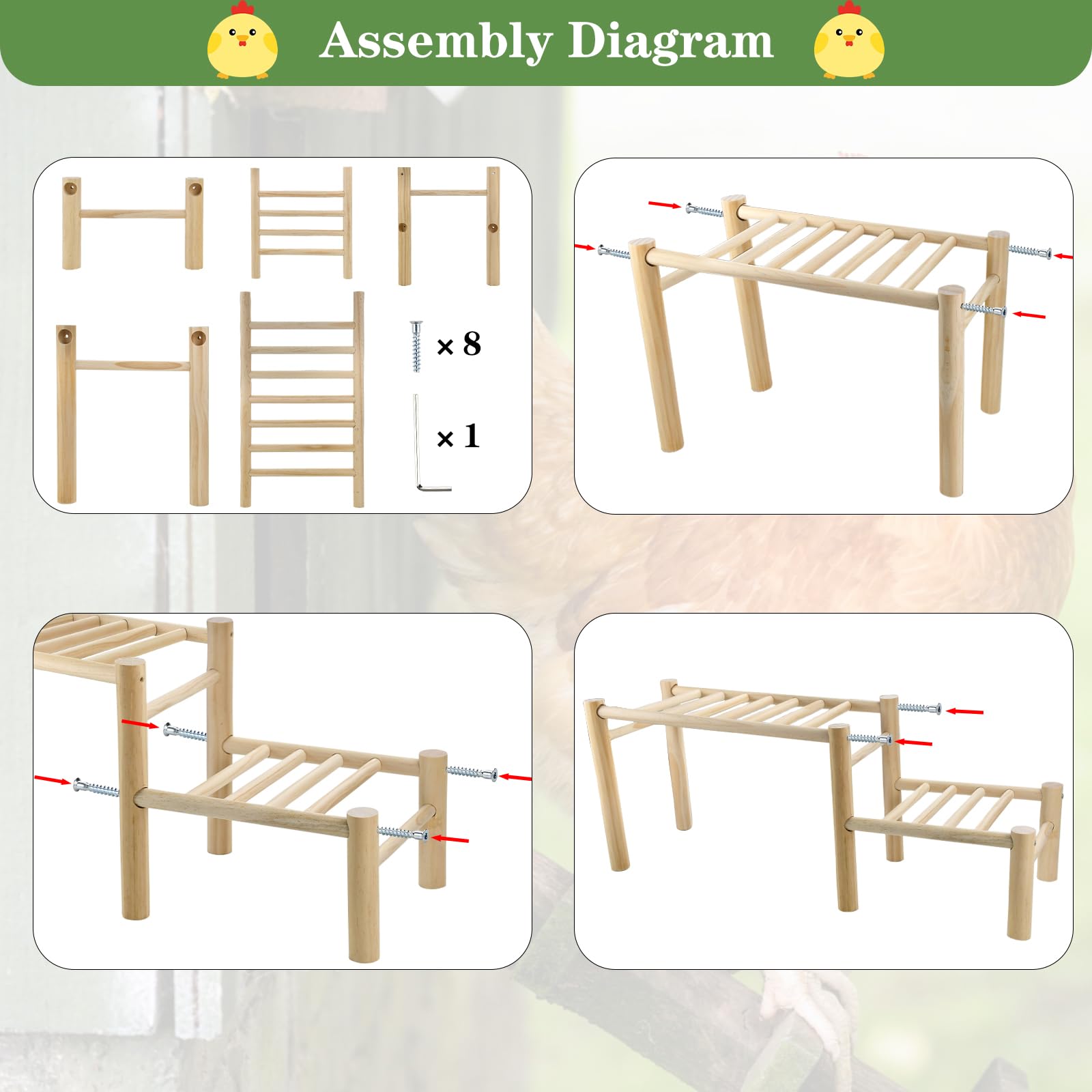 Vehomy chicken perch with hex screws and wrench for assembly.