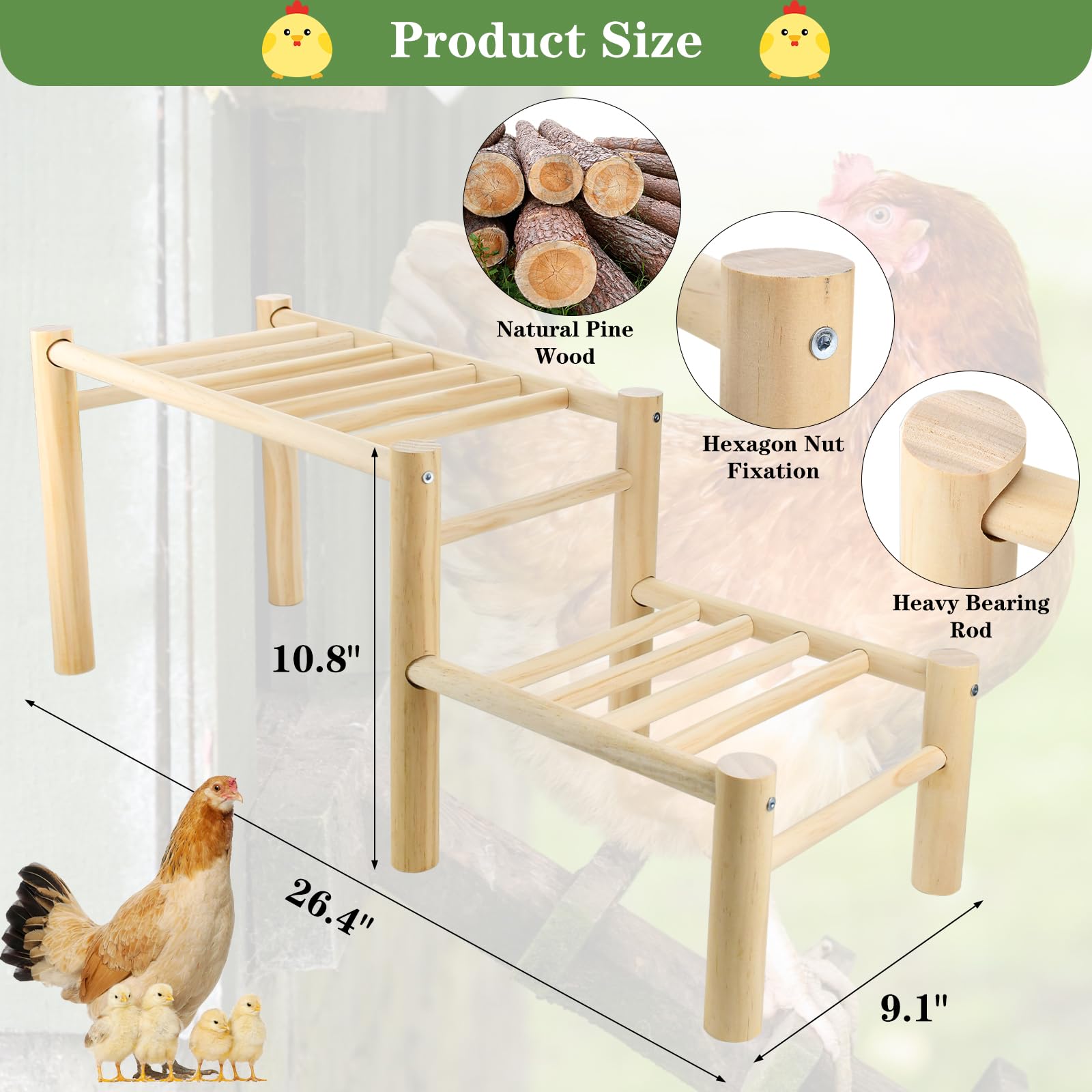 Vehomy solid pine wood chicken perch showing natural material.