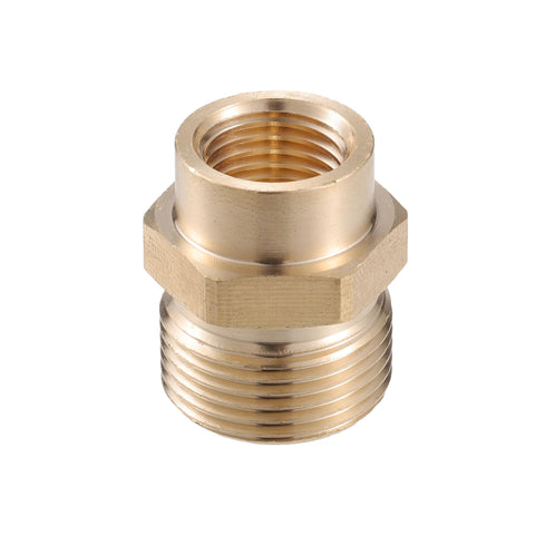 VekAuto brass pressure washer connector close-up showing M14x1.5 to M22x1.5 fittings