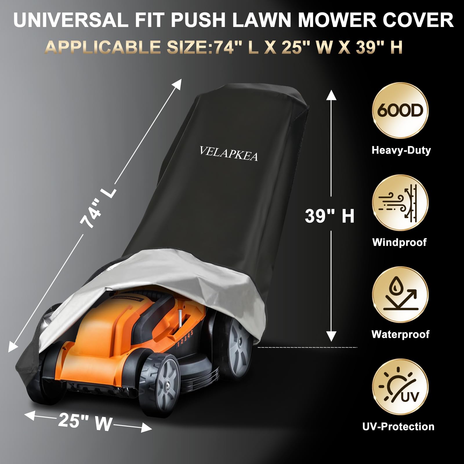 VELAPKEA push lawn mower cover with wind-resistant drawstring provides secure fit.