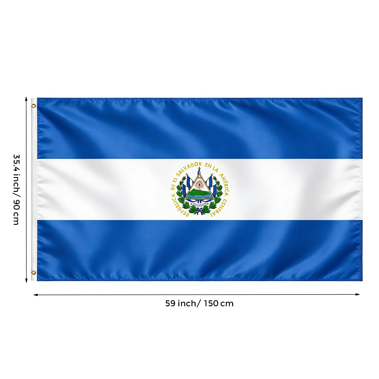 VELIFFCO El Salvador flag with brass grommets ready for flagpole mounting.