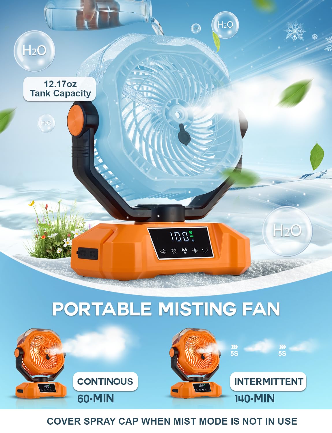 Vellrive misting fan tilt adjustment enabling precise airflow to suit any angle.