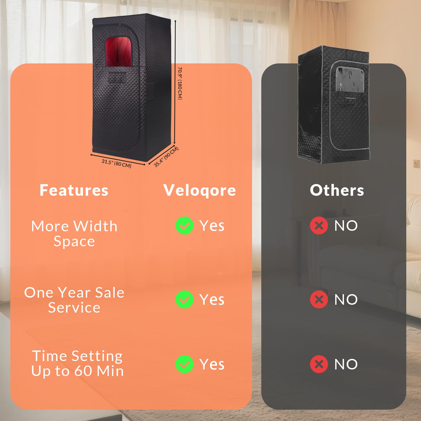 Veloqore home-use sauna fits in bedroom for quiet wellness moments.