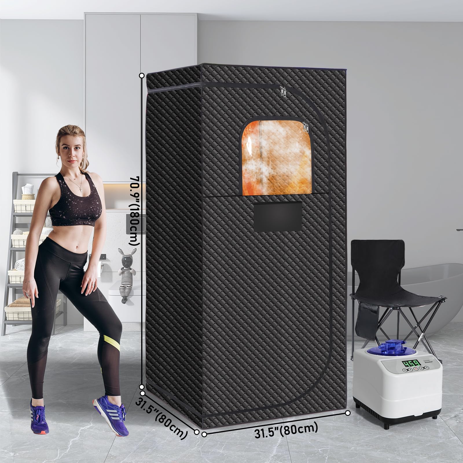 Veloqore portable sauna room-use in living room or bedroom highlighting convenience.