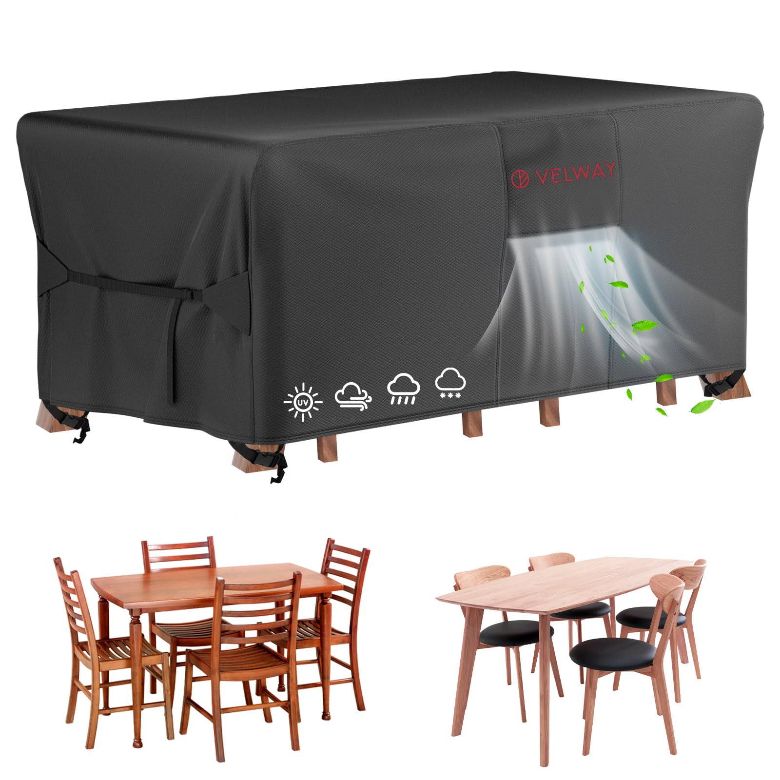 Velway patio cover in 500D tear-resistant fabric protects dining sets.