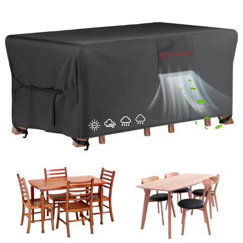 Velway patio cover in 500D tear-resistant fabric protects dining sets.