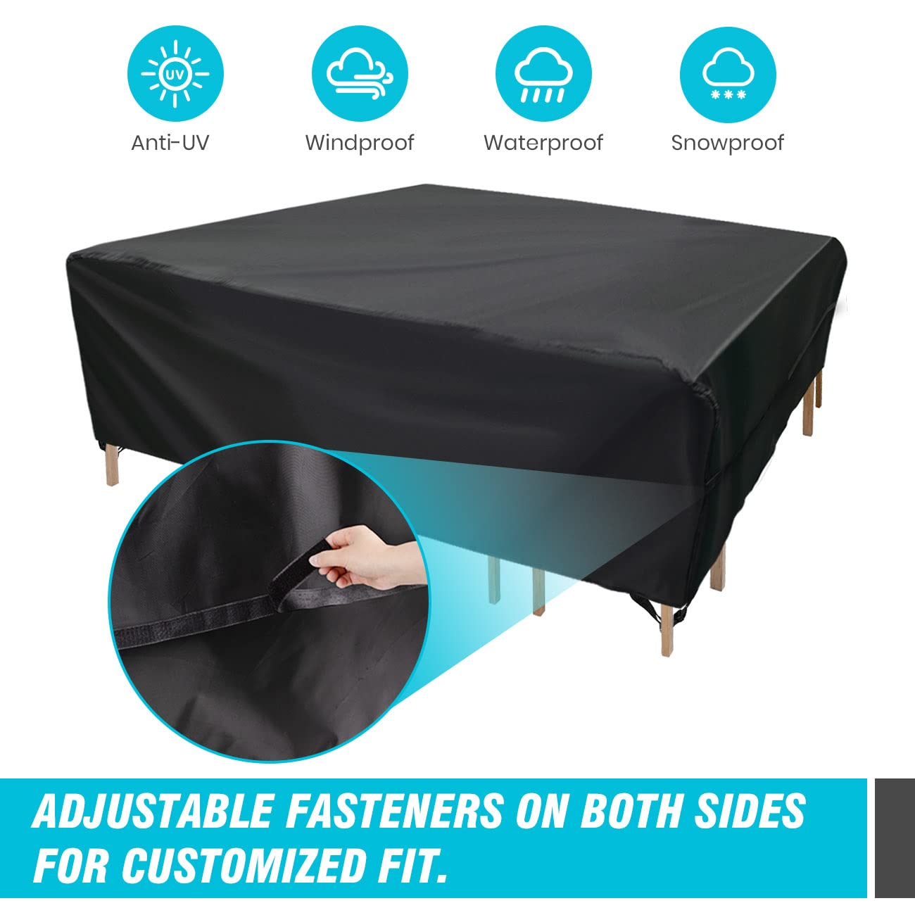 Velway cover showing adjustable side fasteners securing various furniture shapes.