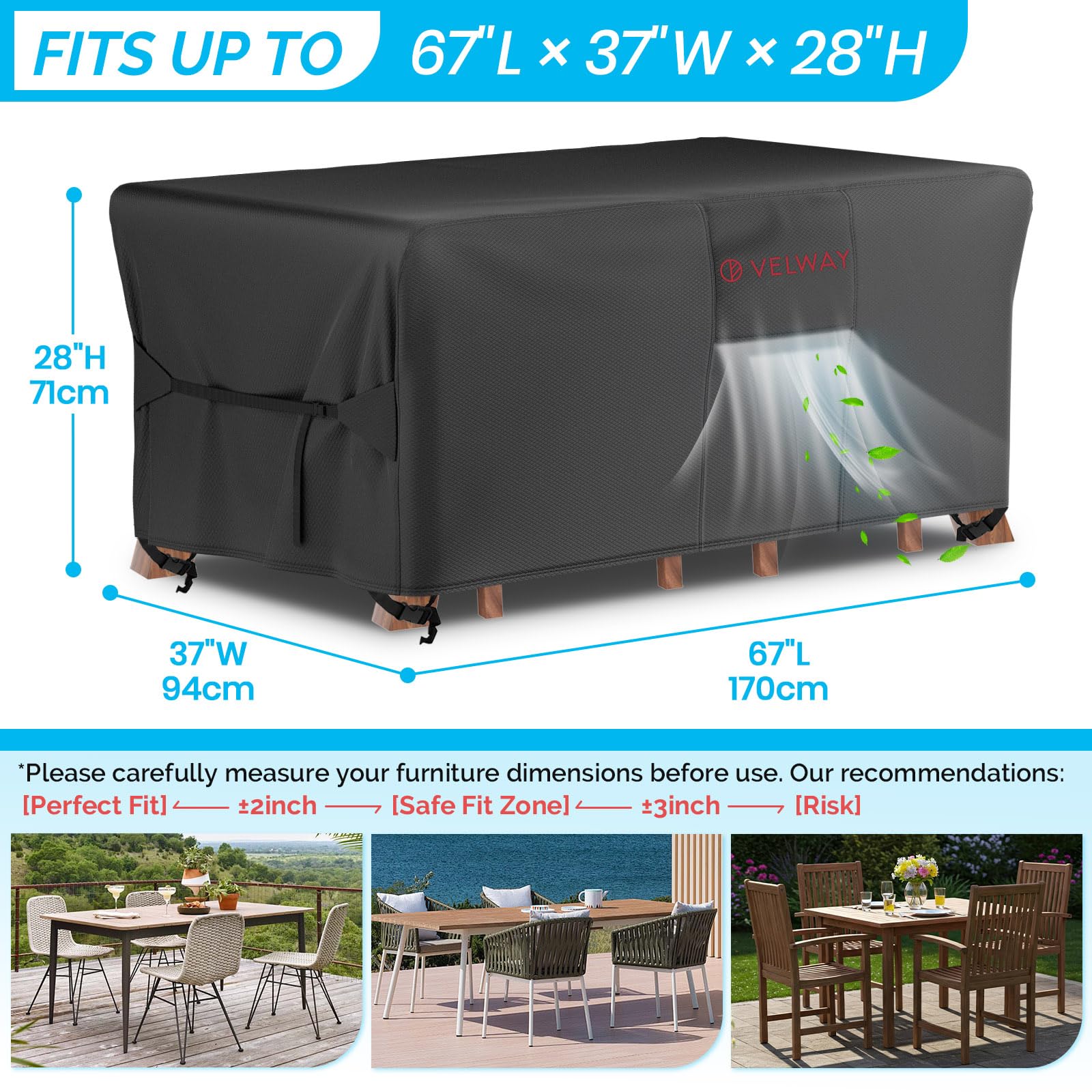 Velway 67x37x28 inch dimensions ensure snug rectangular fit.