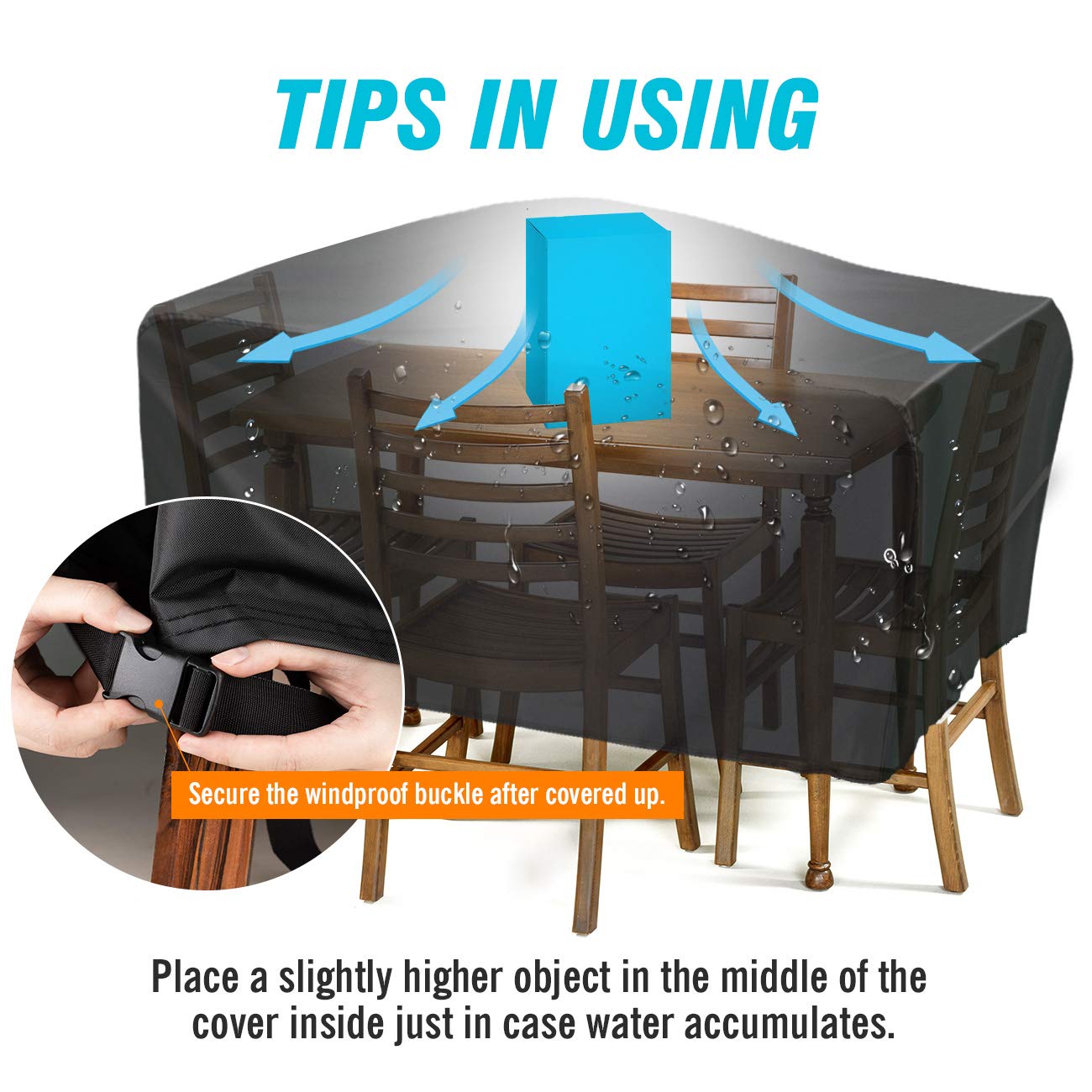 Velway multi-size cover fits chairs and tables for different layouts.