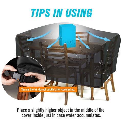 Velway multi-size cover fits chairs and tables for different layouts.