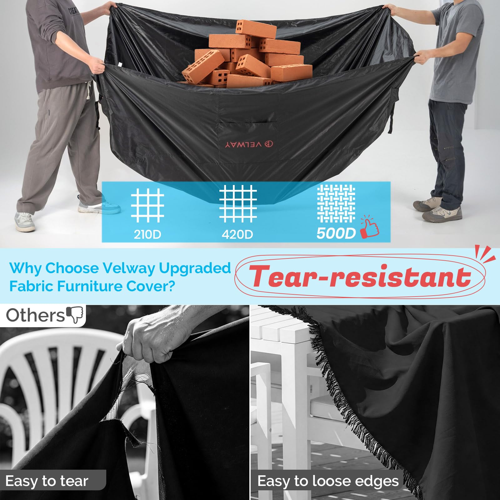 Velway waterproof double-layer system blocks rain from furniture.