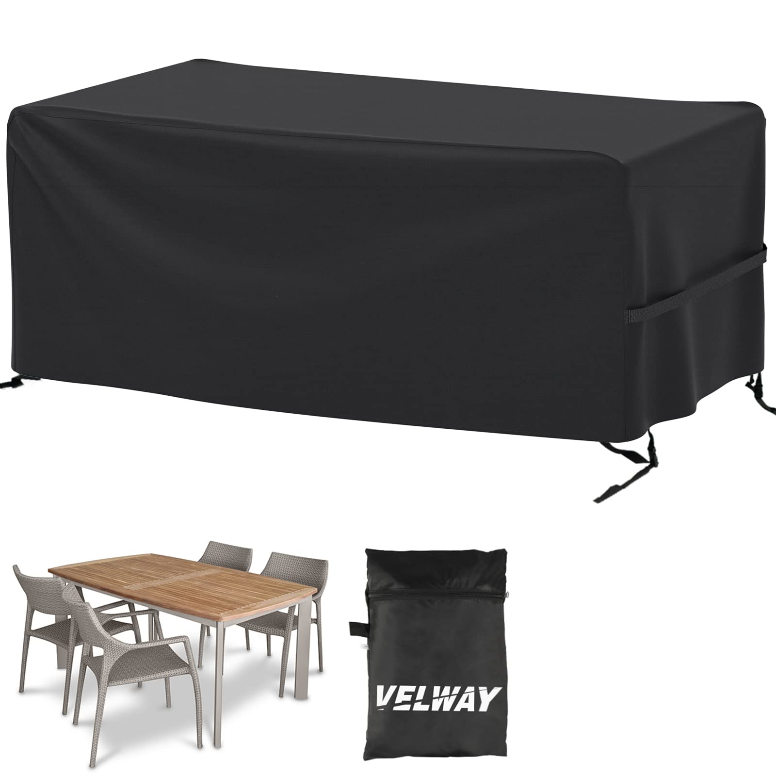 Velway patio cover with windproof buckles protects rectangular outdoor furniture.