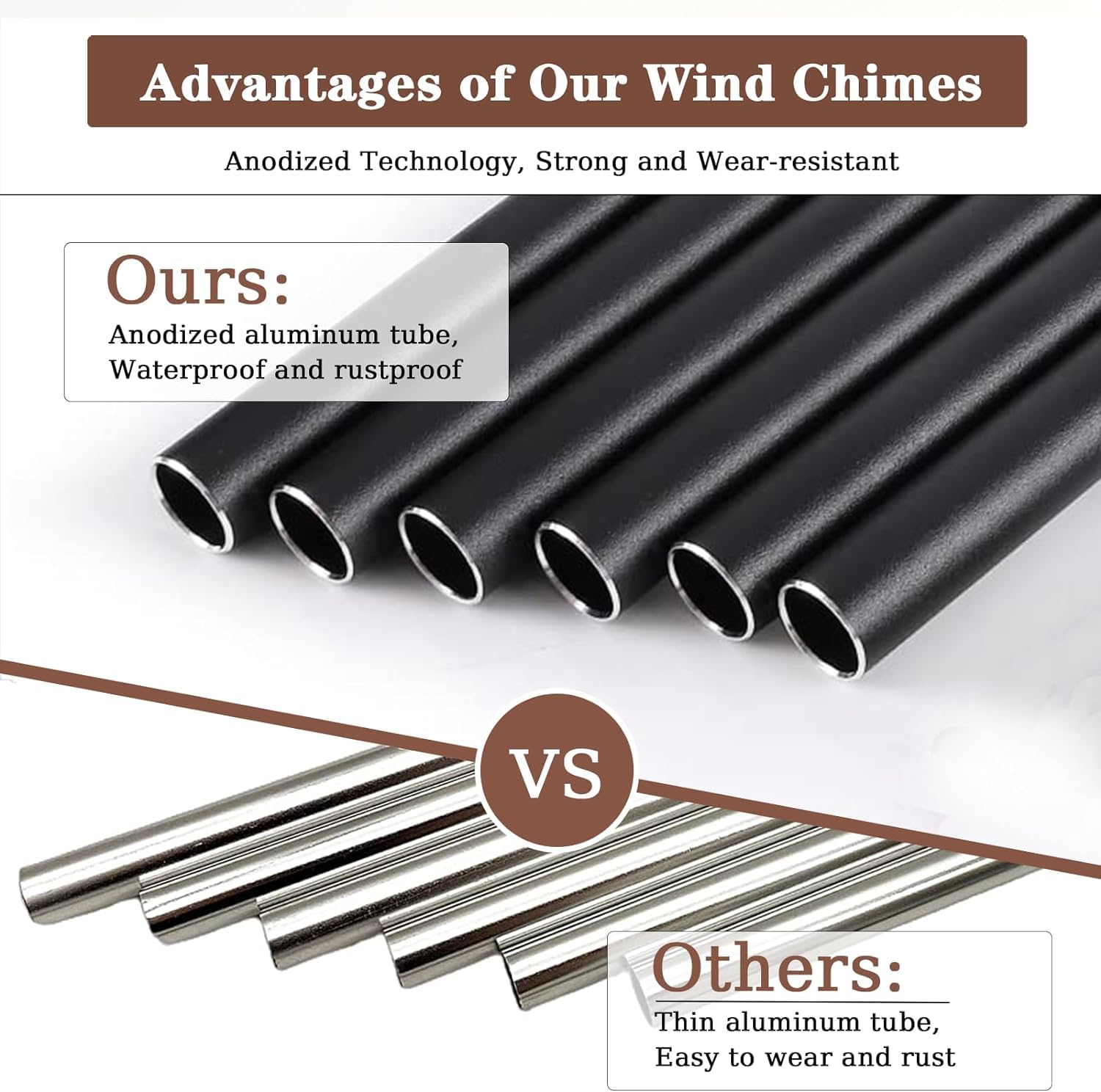 Venbeel wind chimes with black matte tubes producing rich, resonant tones.