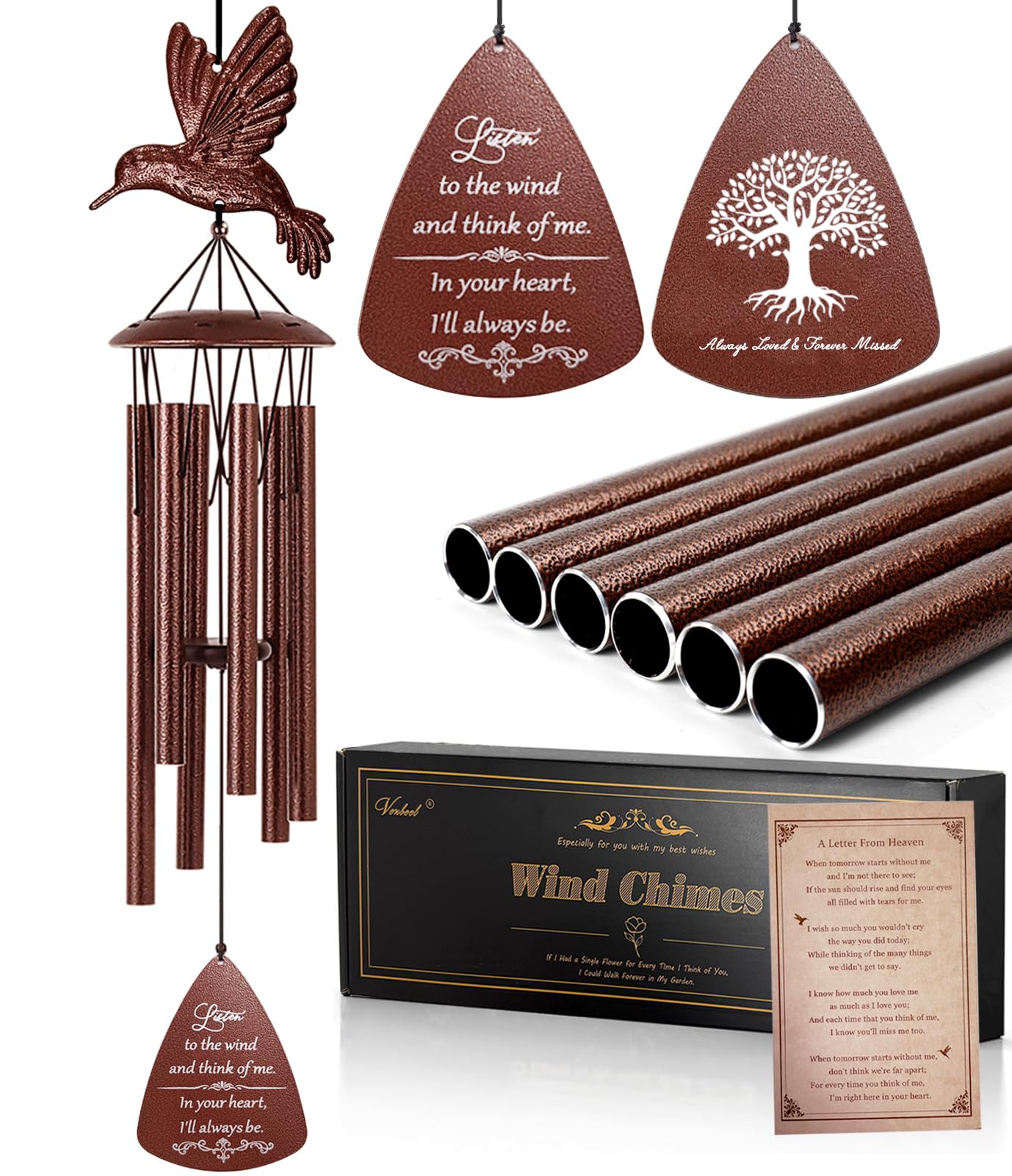 VENBEEL memorial wind chime top with hummingbird design for comforting memories.