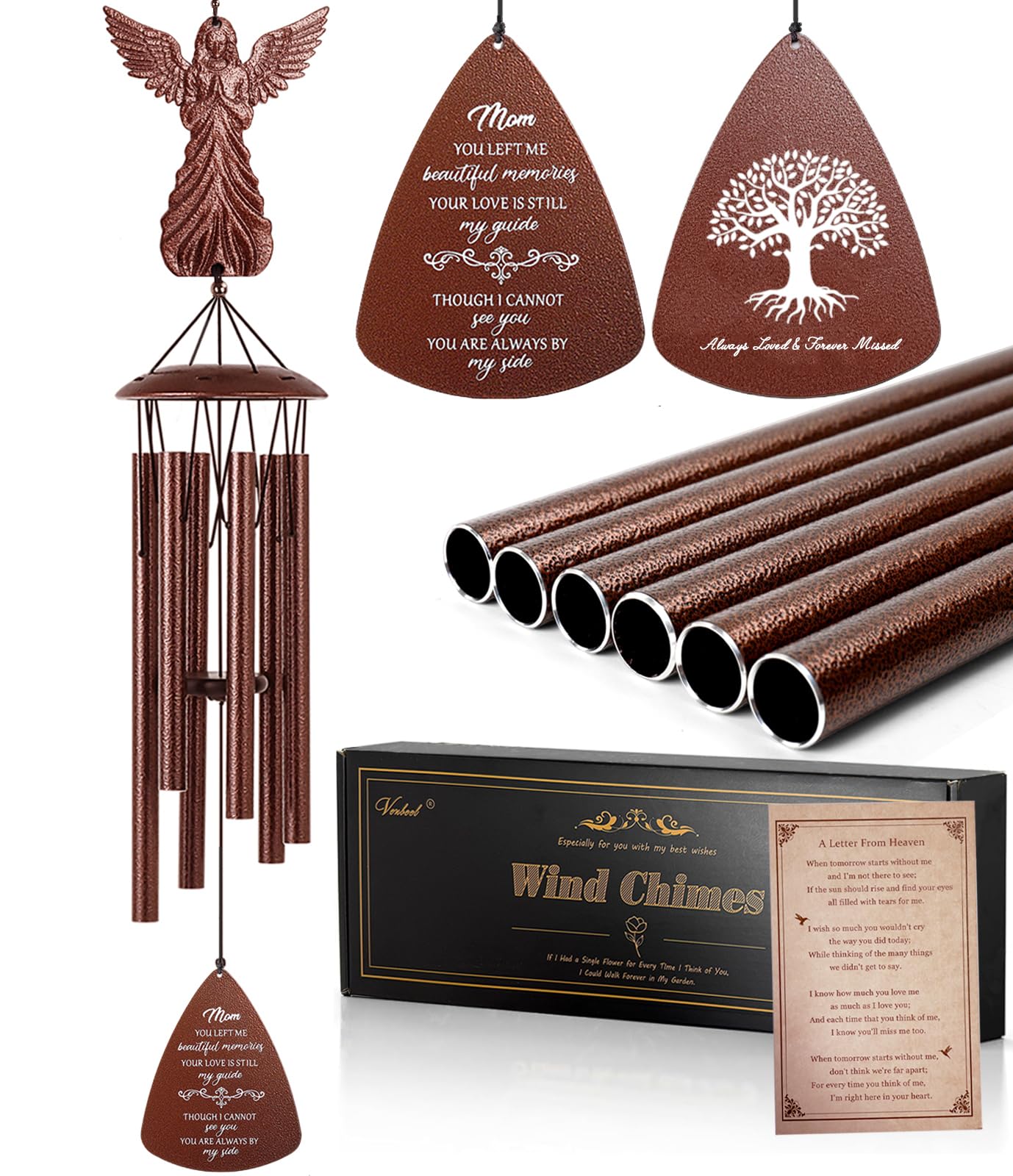 VENBEEL Mom Memorial Wind Chimes with angel topper create a gentle remembrance in your garden.