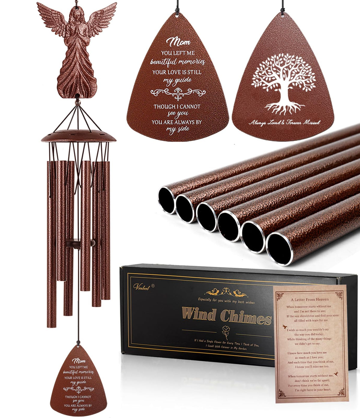 VENBEEL Mom Memorial Wind Chimes with angel topper create a gentle remembrance in your garden.